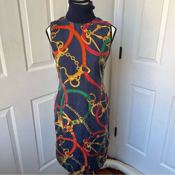 Ralph Lauren Equestrian Horse Bit Chain Bodycon Silk Wool Dress Sz M - Picture 2 of 7